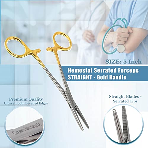 Mosquito Hemostat Locking Forceps 5" Straight with Full Serrated Jaws Ideal for Clamping, Fishing, Firefighters Nurses Doctors + More (Gold Handle) - color: Gold Handle