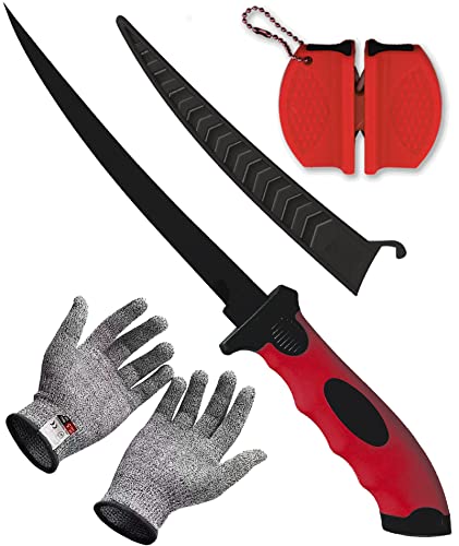 Fishing Fillet Knife Set, 7 Inches Professional Stainless Steel Blade Filet Knife for Fish, with Sharpener and Cutting Resistant Gloves, Fishing Gear, Fishing Tool Set, Red - color: Red