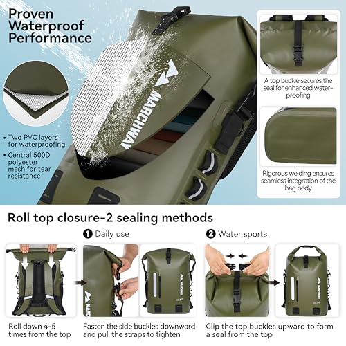 MARCHWAY Roll Top Waterproof Backpack, Floating Dry Bag 20L/30L/45L with Ergonomic Rectangular Base, Cushioned Back, Hip Strap for Hiking Camping Kayaking Travel (Army Green, 20L) - color: Army Green, size: 20L