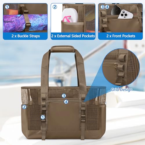 Yarwo Boat Gear Tote Bag, 35.5L Waterproof Boat Accessories Organizer with Marine-grade Coated Mesh and Wet Dry Pockets - color: Brown