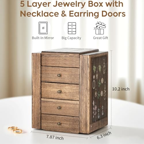 Meangood Jewelry Box Wood for Wowen, 5-Layer Large Organizer Box with Mirror & 4 Drawers for Rings, Earrings, Necklaces, Walnut - color: 5 Layer Walnut, size: 5 Layer