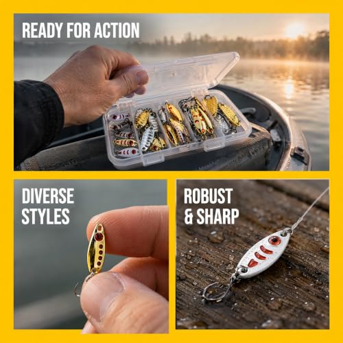 28pcs Spoon Fishing Lures Set with Hooks, Hard Metal Trout Spoons & ice Fishing Spoons for Salmon, bass, and Saltwater Fishin - color: Crater Gold & Silver
