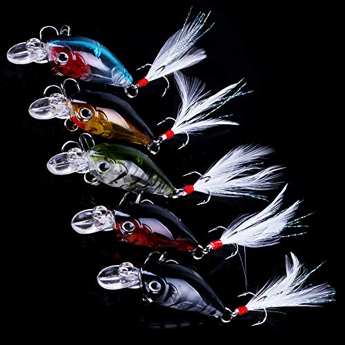 5 Pack Minnow Fishing Lure Crank Bait, Fishing Bass Lures Hard Artificial Bait, Crankbait Fishing Lures Hooks 3D Eyes for Bass Fishing Lure Freshwater and Saltwater