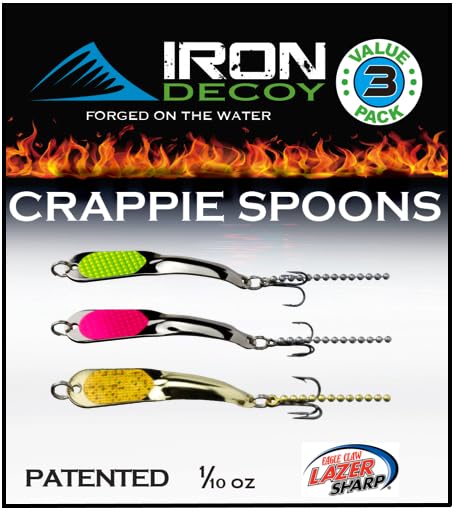 IRON DECOY Spoon Fishing Lures 3-Pack, Multi-Species Metal Spoons for Trout, Walleye, Bass, Salmon, Pike, Ice Fishing & Trolling, Vibrating Spoon Lure Kit - color: Crappie, 1/10 oz
