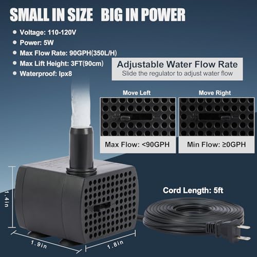 90GPH Mini Submersible Pump, Small Fountain Pump (5W 350L/H), Ultra Quiet Aquarium Water Pump for Fish Tank, Tabletop Fountain, Pet Fountain, Indoor or Outdoor Pond Fountain Pump (5W)