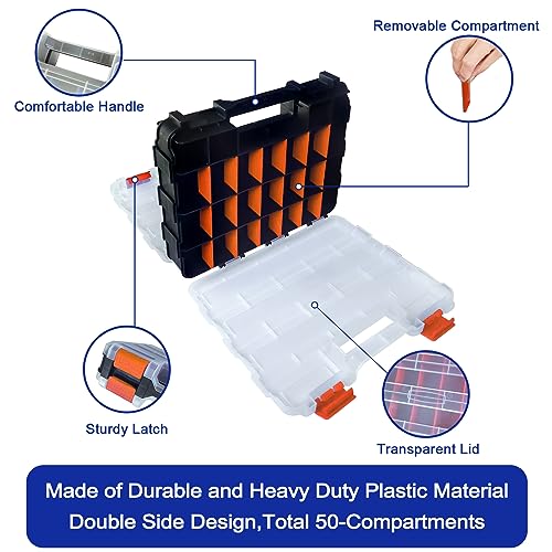 Tools Organizer Box Small Parts Storage Box 50-Compartment Double Side Hardware Organizers with Removable Plastic Dividers for Screws, Nuts, Nails, Bolts, Orange - color: Orange