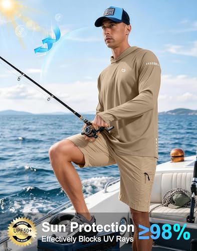 Men's Sun Protection Hoodie Shirts Long Sleeve UPF 50+ Swim Shirts for Men Rash Guard Fishing Shirt Quick Dry - color: Khaki, size: Small
