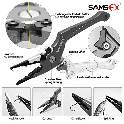 SAMSFX Aluminum Fishing Pliers Hook Remover Braid Line Cutter with Coiled Lanyard, Fly Fishing Knot Tying Tool & Retractors - color: Silver & Gray Handle, Split Ring Nose