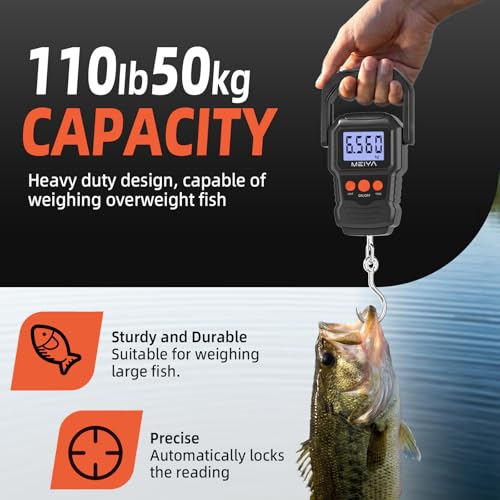 MEIYA Digital Fish Scale with Backlit LCD Display Up to 110lb/50kg for Anglers, Accurate Luggage Scale for Travel, Outdoor, Home Use, Includes 2 AAA Batteries and Hook, Essential Fishing Gear