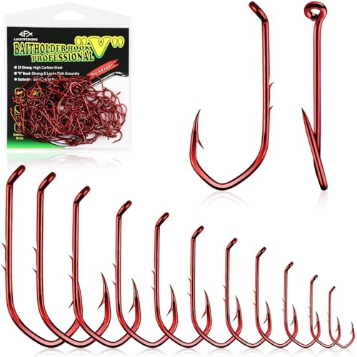LUCKYFISHING Baitholder Fishing Hooks Saltwater Freshwater 100/80/70/60pcs Professional V Bait Holder Hooks for Bass Trout Crappie Soft Live Baits Black Red with Size 1 2 4 6 8 1/0-6/0 - color: Red, size: 6/0-60pcs