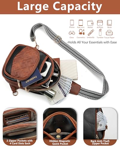 Anti Theft Crossbody Bags for Women RFID Leather Sling Purses,Crossbody Bags Travel Leather Fanny Pack for Women - color: Brown＆black
