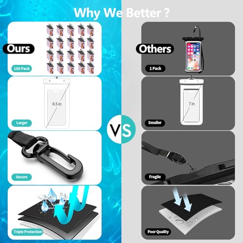 100 Pack 8.5“ Waterproof Cell Phone Pouch - Underwater Dry Bag Case Lanyard - Water Proof Clear Holder Protector for iPhone 17 16 15 Pro Max Plus Samsung Galaxy S25 S24 Ultra Note for Beach Swimming - color: 100 Pack Pink