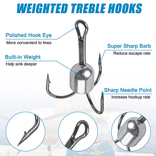 Snagging Weighted Treble Hooks, 5pcs Snagging Hooks Large Weighted Fishing Hooks Saltwater Treble Bunker Snag Hook for Tuna Swordfish Striper Halibut Trolling 5/0 6/0 8/0 10/0 - size: 6/0-1.25oz-5pcs