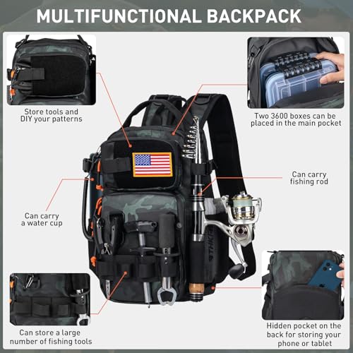THKFISH Fishing Backpack with Rod Holder, Fishing Tool Kit, Water-Resistant Bag With Fishing Lures Kit, Fishing Tackle Box and Pliers Set for Men Women (Black Camo-87pcs) - color: Camo-87pcs