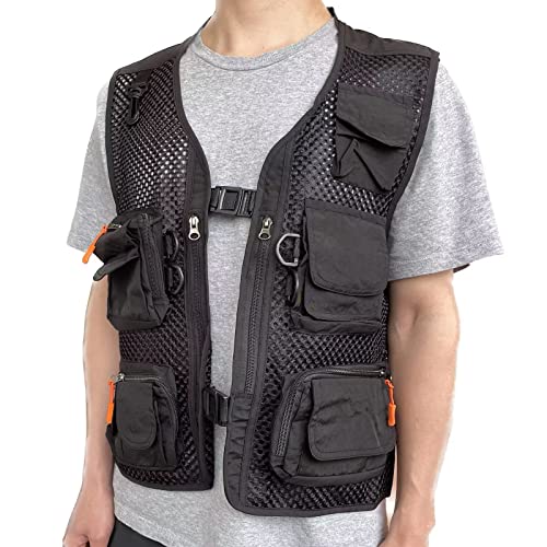 Men Mesh Breathable Multi-Pocket Vest Outdoor Travelers Fly Fishing Photography - color: Black, size: X-Small