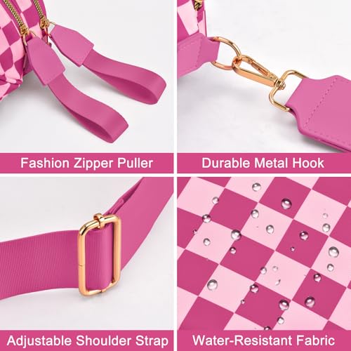 Checkered Nylon Crossbody Bag Bum Bag for Women Mom Large Checkered Fanny Packs with Adjustable Strap - color: Rose Checkered