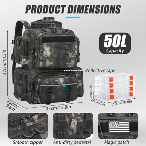 Tactical Fishing Tackle Backpack with Tackle Boxes, Rod Holders, Bottle Holder, 50 L Large Insulated Fishing Backpack Tackle Box with Cooler, Fishing Bag Store Gear & Equipment, Black CM - color: Black CM