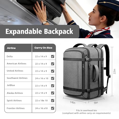 Spacious Carry On Backpack,Expandable Large 1-7DAYS Capacity Travel Backpack with Cable Access Port,Fits 18.4" Laptop,Anti Theft Water Resistant Work Backpack for Men Women,Extended Travel Work,Grey - color: Grey, size: 18.4inch (22"x14"x9")