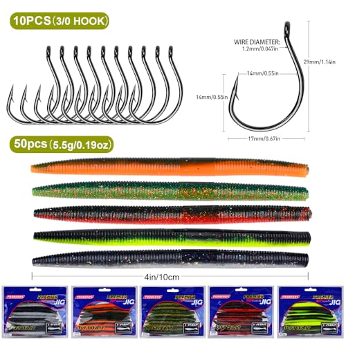 Soft Plastic Worm Bass Fishing Lures, 4"/5" 50/100pcs Plastic Fishing Lure Wacky Worm Rig + 10pcs Grub Baits Hook, Soft Worms Lure Set for Bass (110 Pack) - color: 061-60PCS-4 Inch