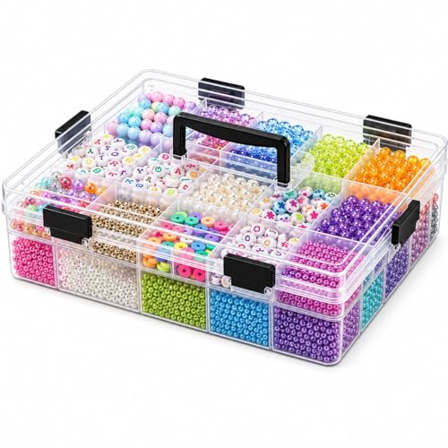 59 Grids Bead Organizer Box - Large Double Layer with Locking Lids, Clear Craft Storage Container (14.2"x10.2"x3.5") for Jewelry Beads, DIY, Fishing Tackle, Small Parts Organization