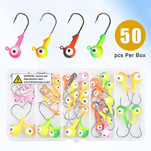 Fishing Jig Head Hooks Kit, Round Ball Crappie Jig Heads Lures Assorted Painted Fishing Lures Jig Heads for Walleye Bass Saltwater Freshwater Fishing 50/69/70pcs - style: 50pcs Kit