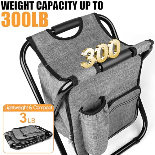 Kikerike Backpack Stool Cooler Chair Heavy Duty 300 LBS Max Load Portable Lightweight Stool Backpack Folding Fishing Cooler Seat for Camping Hunting Fishing - Gray - color: Grey