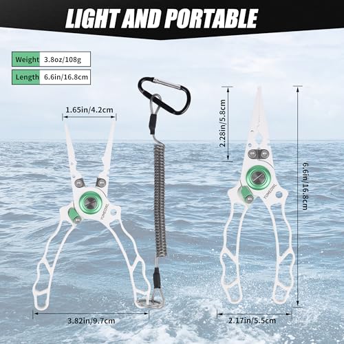 Fishing Pliers with Innovative Ergonomical Handle, Corrosion Saltwater Resistant,Fishing Multitool Hook Remover Braided Fishing Line Cutting, Split Ring with Coiled Lanyard and Sheath - color: White-6.6"