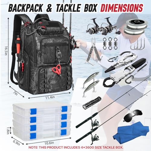 Fishing Tackle Backpack,Tackle Bag with 2 Rod Holders & 4 Tackle Boxes, Water-Resistant Large Storage Fishing Gear and Equipment, Fisher Gifts for Men, Black Camo - color: B-Black Camo with 4 Tackle Boxes