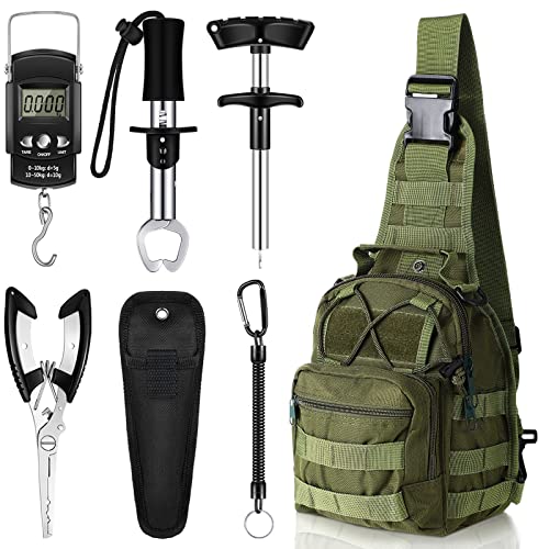 Hungdao 7 Pcs Fishing Backpack with Fishing Tool Kit Fish Gear Pliers Equipment Include Hook Remover Backpack Pliers Kit Scale Gripper Weigh Separator Fish Gifts for Men Women - color: Army Green
