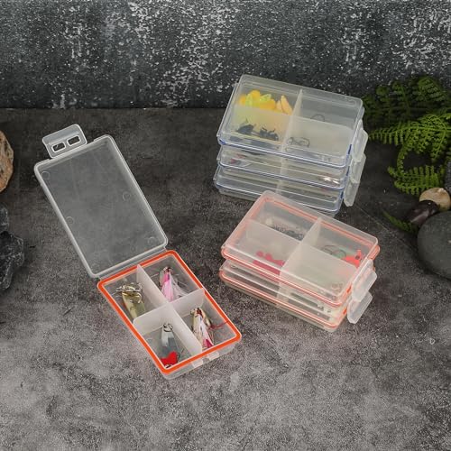 JUXYES 12 Pack Plastic Small Fishing Tackle Box Organizer with 4 Compartments, Clear Mini Fishing Tackle Storage Boxes with Dividers, Transparent Fish Pocket Tackle Storage Box Lure Box - size: 12 Pack