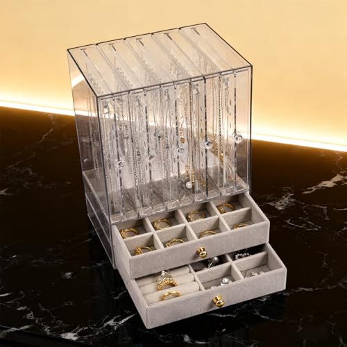 Greenfeather Jewelry Organizers and Storage, Clear Acrylic Jewelry Box with 40 Necklace Hooks 120 Pairs of Earring Holes 2 Velvet-Lined Drawers for Rings Necklaces Earrings - color: Gray-Style A