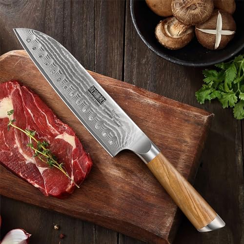 HOSHANHO Damascus Santoku Knife 7 Inch, Professional Japanese Damascus Super Steel Kitchen Knife, Sharp Cooking Knife with Durable Ergonomic Olive Wood Handle - style: 7.1 Inch Santoku Knife
