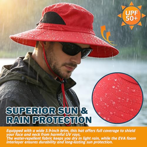 Wide Brim Sun Bucket Hat, Waterproof Boonie Hat for Men & Women | UPF 50+ UV Protection, Adjustable Fit, Chin Strap & Sweatband, Foldable Durable for Fishing Hiking Garden Beach - color: 01 Red