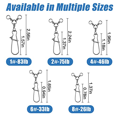 AGOOL Fishing 3 Way Swivel Snaps - 30pcs T-Turn Fishing Swivels Triple Swivels Cross Line Duo Lock Snap Swivels Fishing Lure Connectors Fishing Tackle for Trolling Catfish Rig Saltwater Freshwater - size: 1# (83lb) - 30pcs