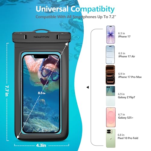 6 Pack 8.5“ Waterproof Cell Phone Pouch - Underwater Dry Bag Case Lanyard - Water Proof Clear Holder Protector for iPhone 17 16 15 Pro Max Plus Samsung Galaxy S25 S24 Ultra Note for Beach Swimming - color: 6 Pack Black