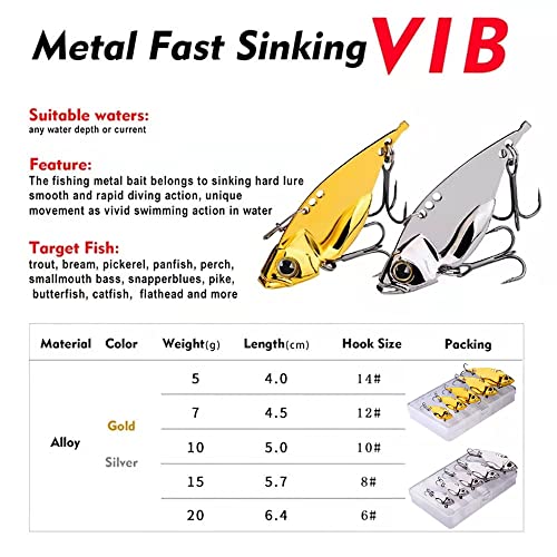 5 Pack Metal Blade Baits for Bass Fishing Lures Hard Metal VIB Fishing Spoons Crankbaits Swimbaits for Trout Walleye Crappie Saltwater Blade Bait Fishing - color: Gold Blade Baits_5pcs/box