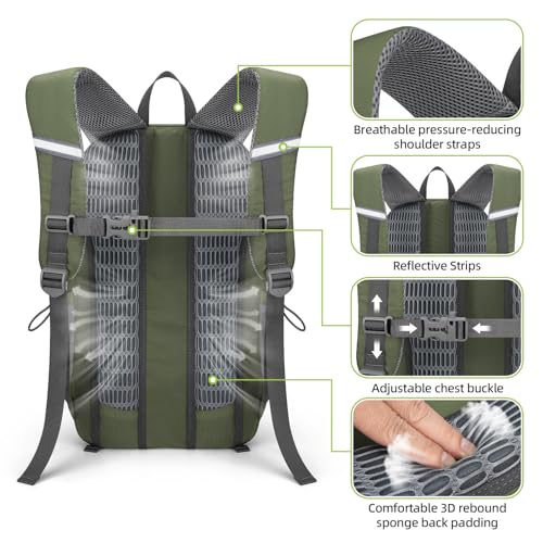 RealCool 30L Lightweight Hiking Backpack, Waterproof Daypack for Camping | 210D tear-resistant nylon, breathable shoulder and back panel, Multi-Compartment,hydration system,reflective strip,bungee net - color: Army Green, size: 30L