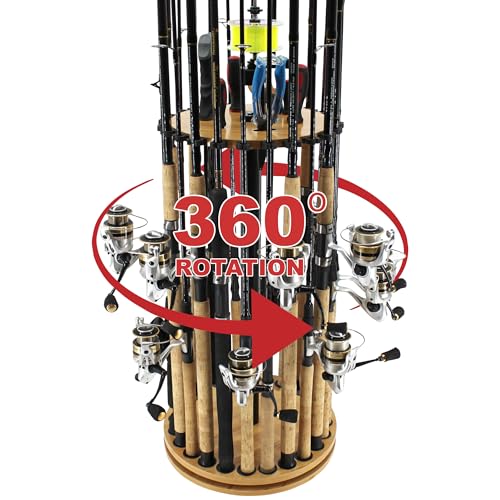 Rush Creek Creations 24-Rod Fishing Rod Holder 360° Rotating Built-in Spooler 14.75"x37.75" Light Wood