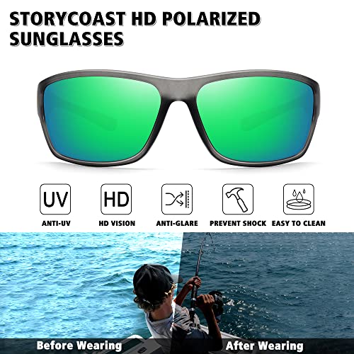 STORYCOAST Polarized Sports Sunglasses for Men Women Unbreakable Frame Cycling Fishing Driving - color: Gray Frame-green Mirror Lens