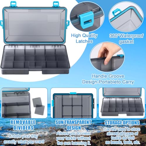 Wonderjune 6 Pack Fishing Tackle Boxes Waterproof 3600 and 3700 Tackle Trays with Removable Dividers Plastic Storage Organizer Bait Vault Camouflage Box for Freshwater Saltwater (Blue,3700) - color: Blue, size: 3700