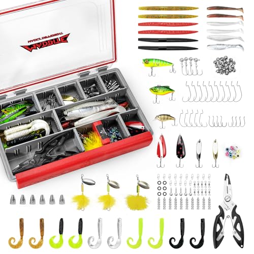 MadBite by KastKing 182/265/400pcs Compact Fishing Tackle Kit - All-in-One Freshwater Hooks, Weights, Bobbers in Tackle Box, Fishing Gear Set for Bass Trout Panfish - style: 143pcs Freshwater Lure Kit