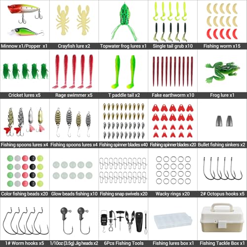 Layers Fishing Tackle Box, 213Pcs Fishing Lures Kit with Small Fishing Tool Kit Containing Weights Scale, Lip Clip, Hook Remover, Fishing Accessories, Fishing Gear for Beginners, Kids, Men, Adults - color: khaki&white