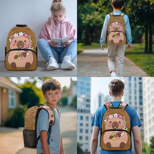 4 PCS Backpacks for Kids Capybara Backpack School Bag with Reusable Lunch Box Water Bottle Carrier Bag Pencil Case Set Preschool Kindergarten - color: Capybara Print