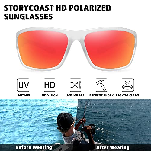 STORYCOAST Polarized Sports Sunglasses for Men Women Unbreakable Frame Cycling Fishing Driving - color: Matte Clear Frame-red Mirror Lens