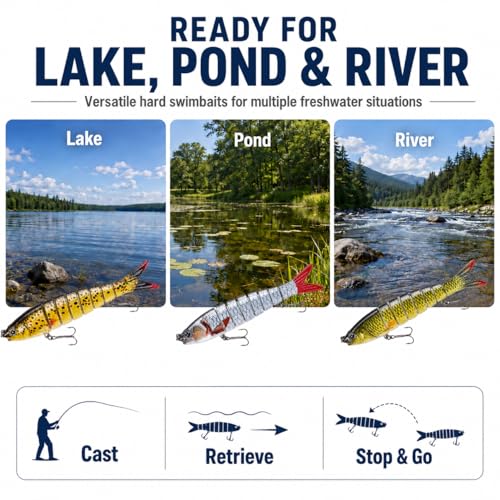 Bass Fishing Lures 3 Pack, 5.2in 8-Segment Jointed Swimbaits, Slow Sinking Hard Baits with Tackle Box, Life-Like Swimming Action for Bass Pike Walleye