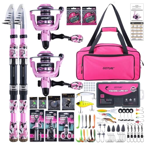 Goture Pink Fishing Rod and Reel Combo - ML Action Spinning Reel Pole with Pink Bag - Telescopic Rod Kit for Starter Travel Saltwater Freshwater, Gift for Woman - color: 2 Pink Poles - Duffle Bag without Bottle Opener, size: 7FT/2.1M