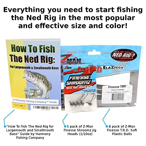 Ned Rig Kit - Z-Man Finesse T.R.D. 8pk + Finesse Shroomz Jig Heads 5pk (Green Pumpkin) + How to Fish The Ned Rig Guide
