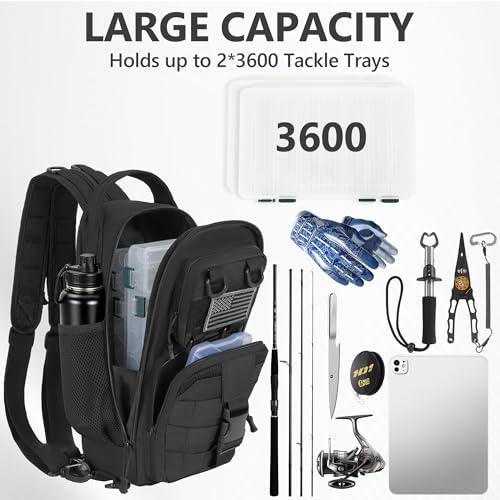 GMAK Fishing Backpack Tackle Sling Bag, Tactical Fishing Tackle Backpack with Rod & Gear Holder, Lightweight Outdoor Water-Resistant Tackle Gear Pack Shoulder Bags for Men Women, Black - color: Black, size: Standard, style: Sling Backpack