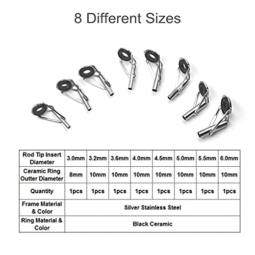 8pcs Fishing Rod Tip Repair Kit Rod Top Tips Replacement Fishing Rod Tips Stainless Steel Ceramic Ring Guide Tips - color: Silver Large Fishing Rod Tips