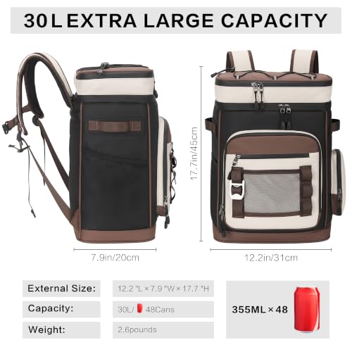 Hulongo Large Waterproof Insulated Cooler Backpack for Men & Women, Leak Proof Cooler Backpack for Camping, Beach, Fishing, Picnic, Travel, Outdoor, 30L, 48Cans - color: Brown